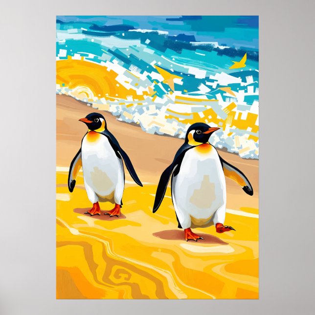Pingüinos que recorren la playa - Vibrante arte oc (Frente)