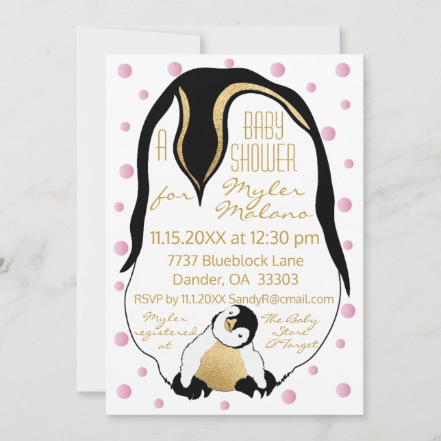 Pingüinos rosados y mami invitación de Baby Shower (Anverso)