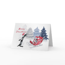 Pingüinos Trineo Rojo Acuarela Navidad