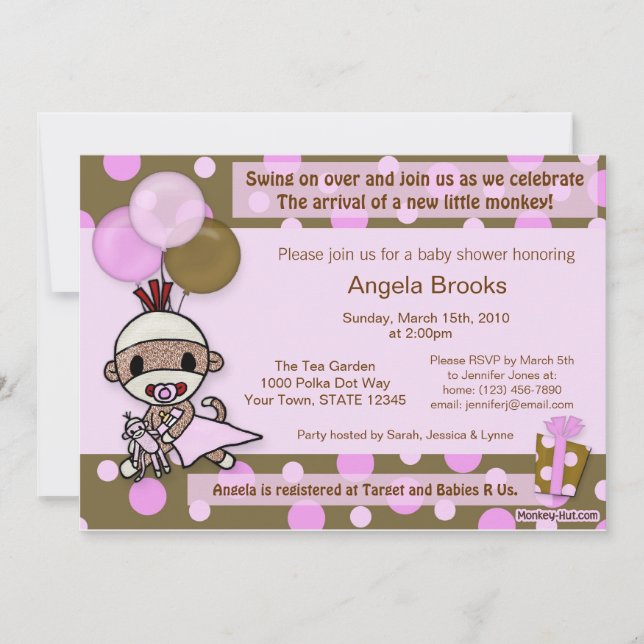 PINK adorable de la invitación Baby Shower al mono (Anverso)