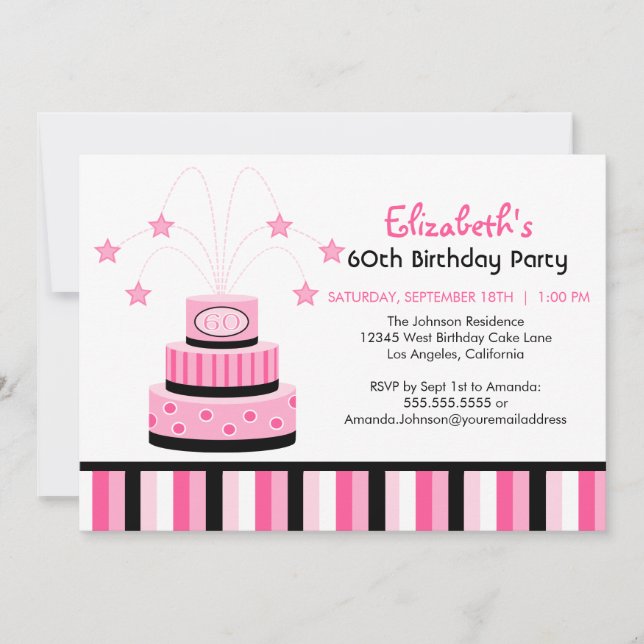 Pink and Black 60th Birthday Cake Party Invitación (Anverso)