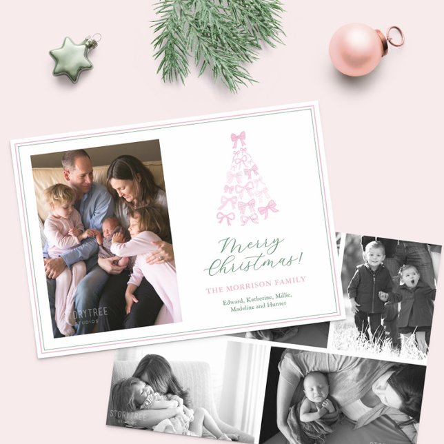 Pink and Green Bows Feliz Fotos de Navidad (Modern Preppy whimsical pink and green bows Christmas Tree Photo collage Holidays Card)