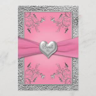 Pink and Pewter Heart Sweet 16 invitaciones