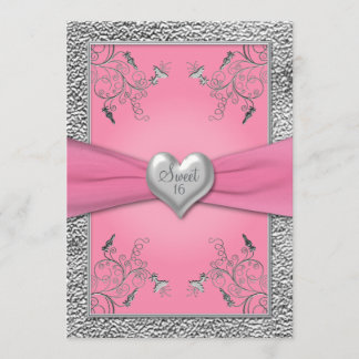 Pink and Pewter Heart Sweet 16 invitaciones