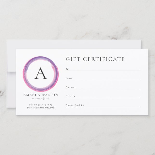 Pink and Purple Monogram Business Gift Certificate (Anverso)