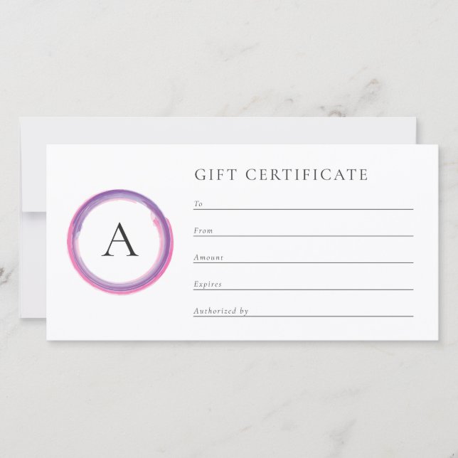 Pink and Purple Monogram Business Gift Certificate (Anverso)