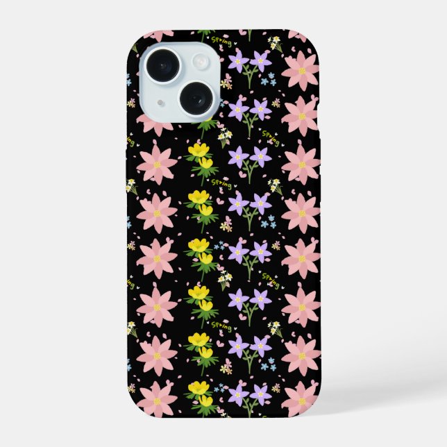 Pink and Yellow Spring Floral Pattern on Black - i (Reverso )