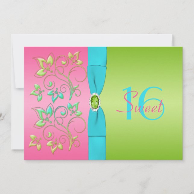 Pink, Aqua y Lime Sweet 16 invitaciones (Anverso)