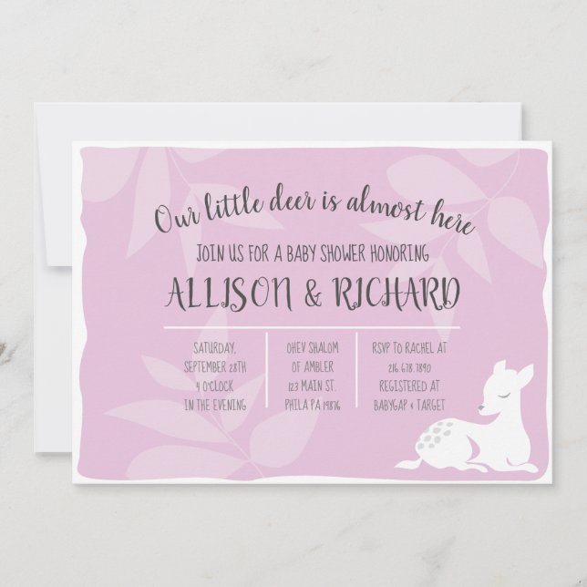 PINK Baby Garden Deer Querida Invitación Baby Show (Anverso)