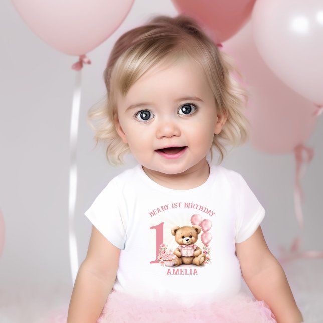 Pink Beary primera Chica de cumpleaños Camiseta be (Pink Beary 1st Birthday Girl Baby T-shirt)