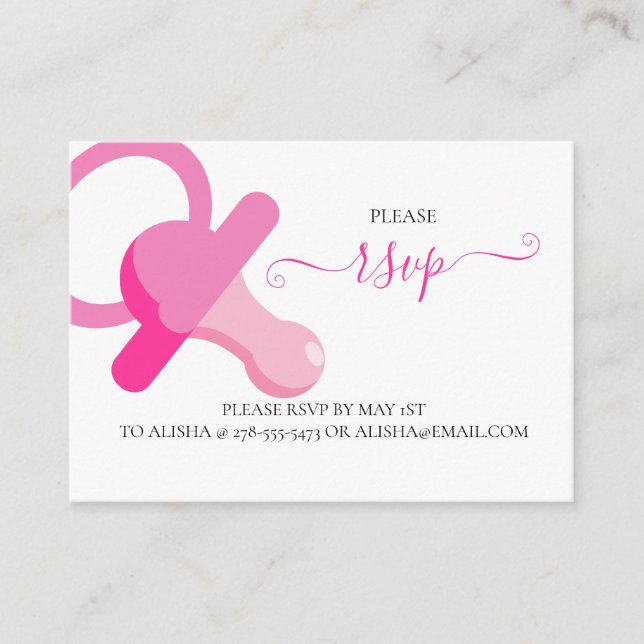 PINK BINKY, tarjeta de gabinete RSVP de BABY SHOWE (Anverso)