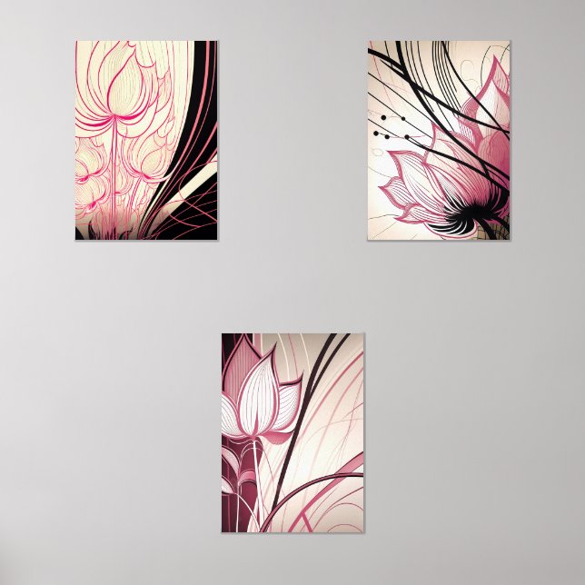 Pink & Black Floral Wall Art – Set of 3 Prints (Anverso)