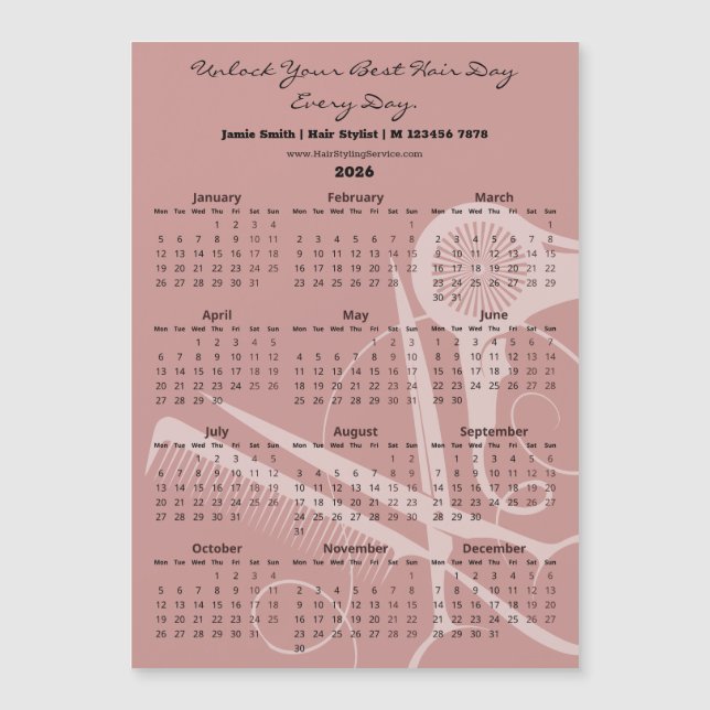 Pink Black Hair Stylist Tools 2026 Calendar Magnet (Anverso)