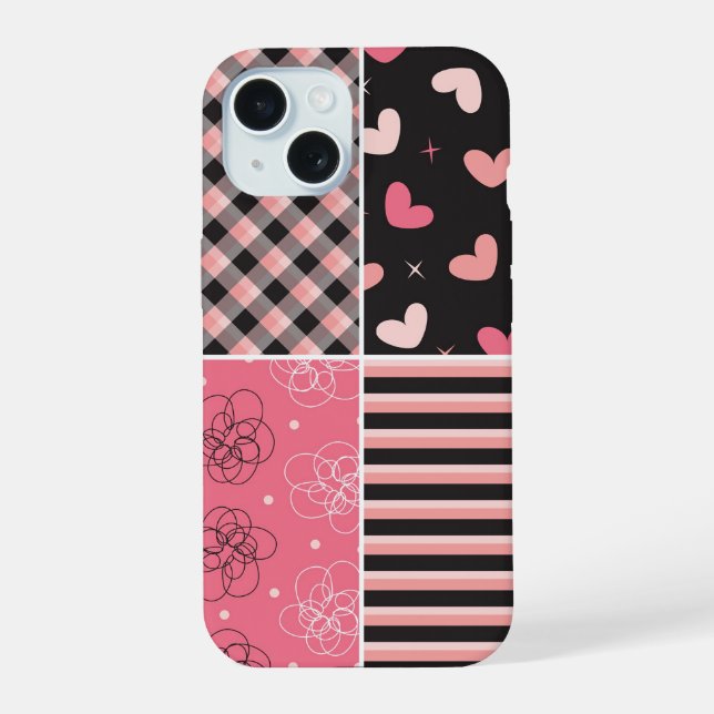 Pink Black Hearts Stripes Plaid Scribled Pattern (Reverso )