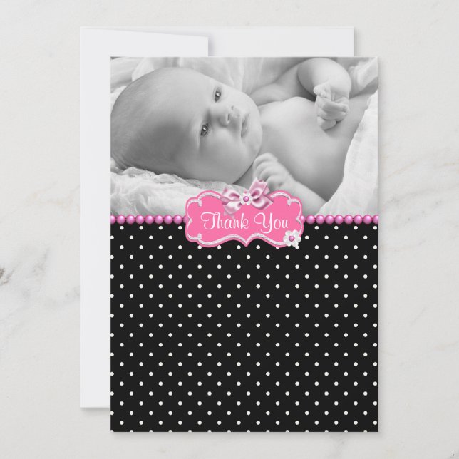 Pink Black Polka Dot Photo Baby Tarjeta de agradec (Anverso)