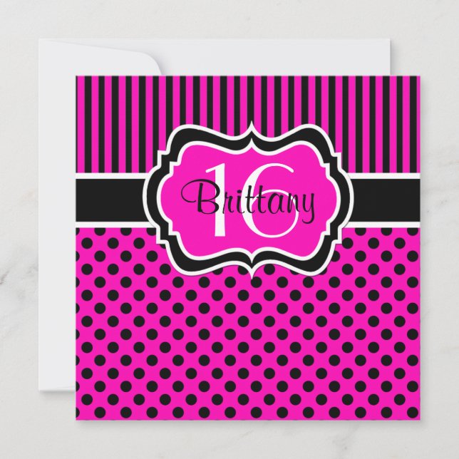 Pink, Black Polka Dots 16ª Invitación de cumpleaño (Anverso)
