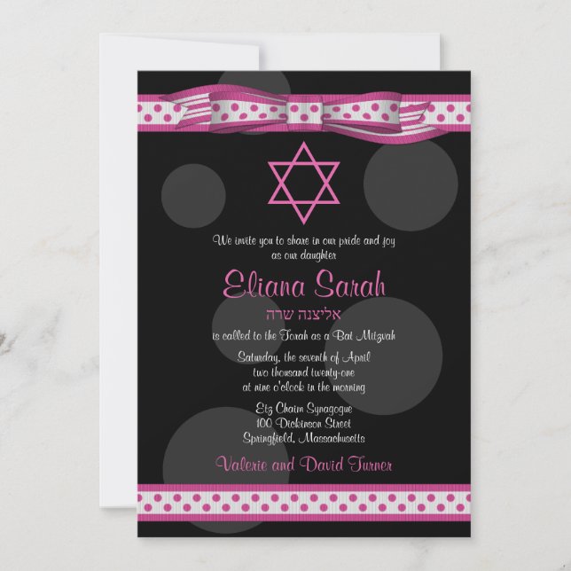 Pink Black Polka Dots Bow Bat Mitzvah Invitación (Anverso)