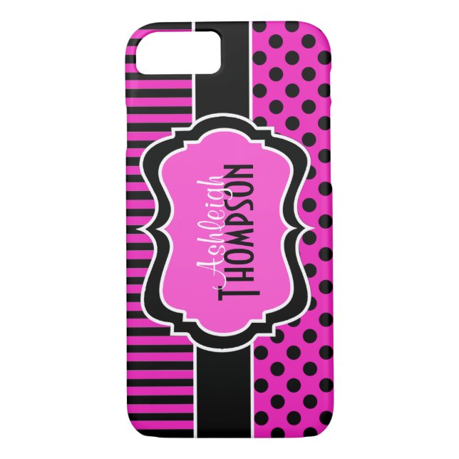 Pink Black Striped Polka Dots iPhone 7 Funda (Reverso)