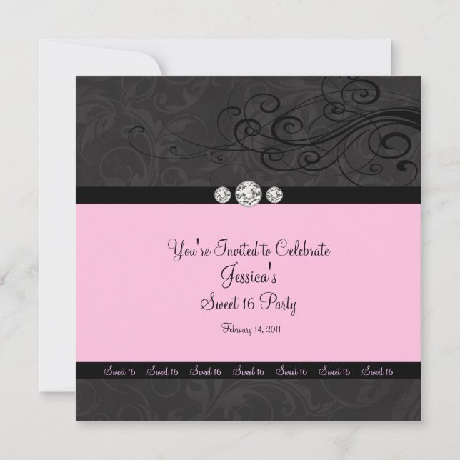 Pink Black Swirl Dulce Dieciséis Invitaciones De F (Anverso)