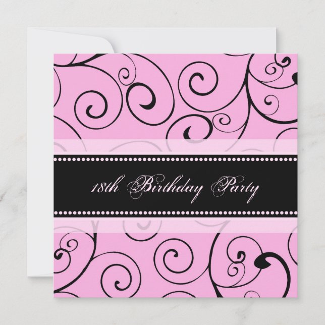 Pink Black Swirls Invitaciones a la fiesta de cump (Anverso)