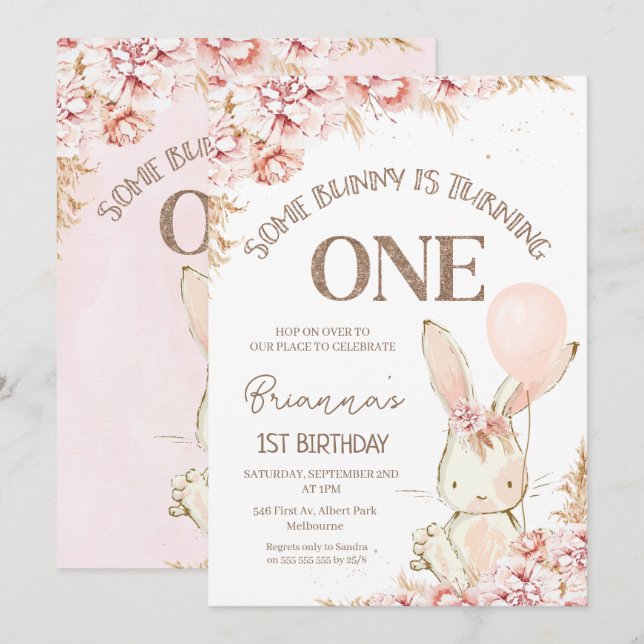 Pink Boho Floral Bunny Primera Invitación de cumpl (Anverso / Reverso)
