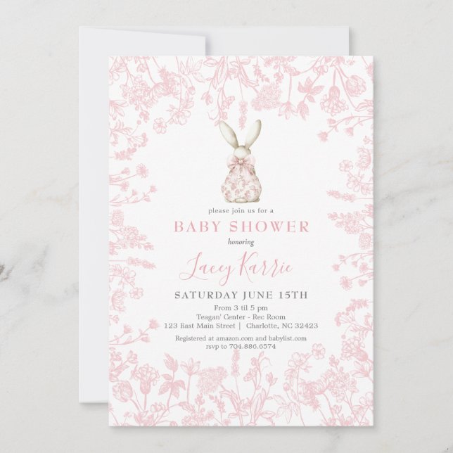 Pink Bow Chinoiserie conejo bebé Invitación a la d (Anverso)