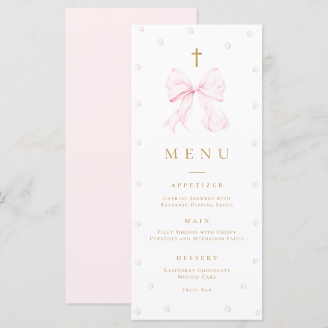 Pink Bow Pearl Baptism Flat Menu (Anverso / Reverso)