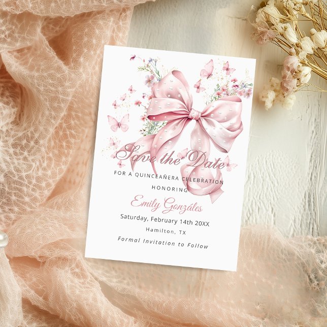 Pink Bow Pearls Quinceañera Guardar la tarjeta de  (Pink Bow Pearls Quinceañera save the date card)