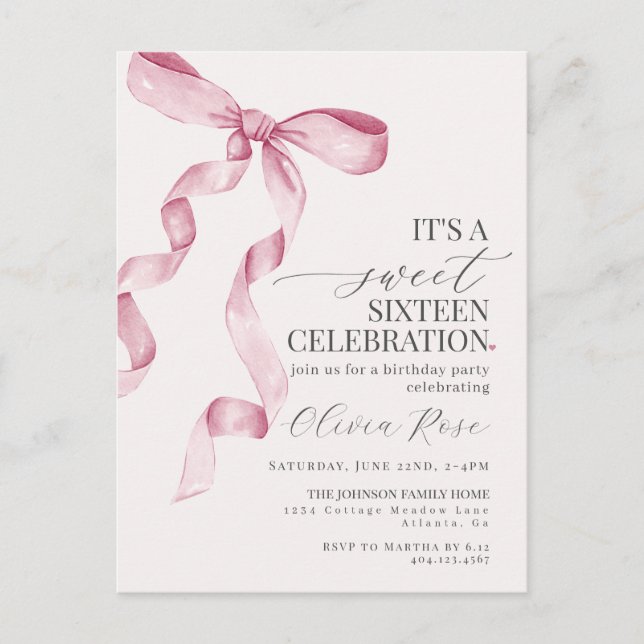 Pink Bow Sweet 16 Birday Party Invitación (Anverso)