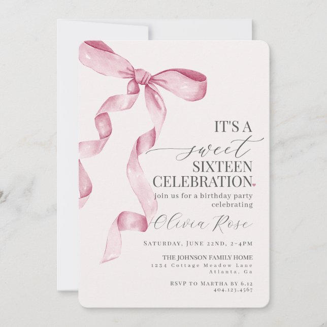 Pink Bow Sweet 16 Birday Party Invitación (Anverso)