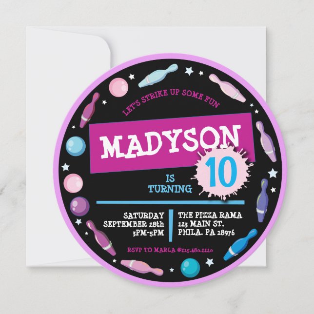 PINK BOWLING BALL NEON Birthday Party Invitación (Anverso)