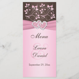 Pink, Brown Floral, Hearts Menu Card