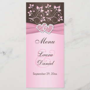Pink, Brown Floral, Hearts Menu Card