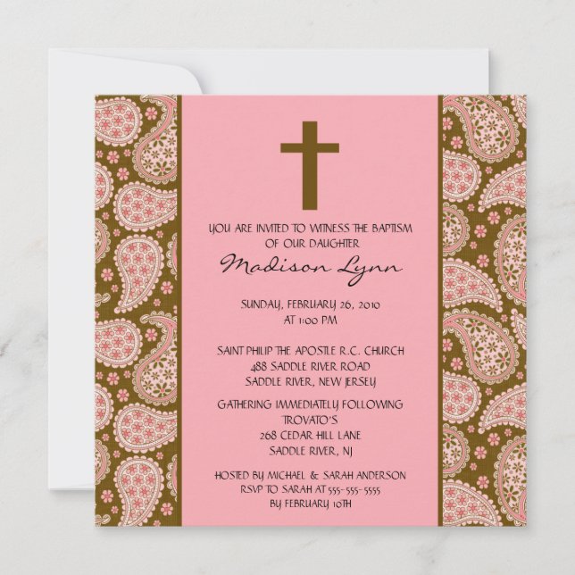 PINK & BROWN PAISLEY Baby Baptism Invitación (Anverso)
