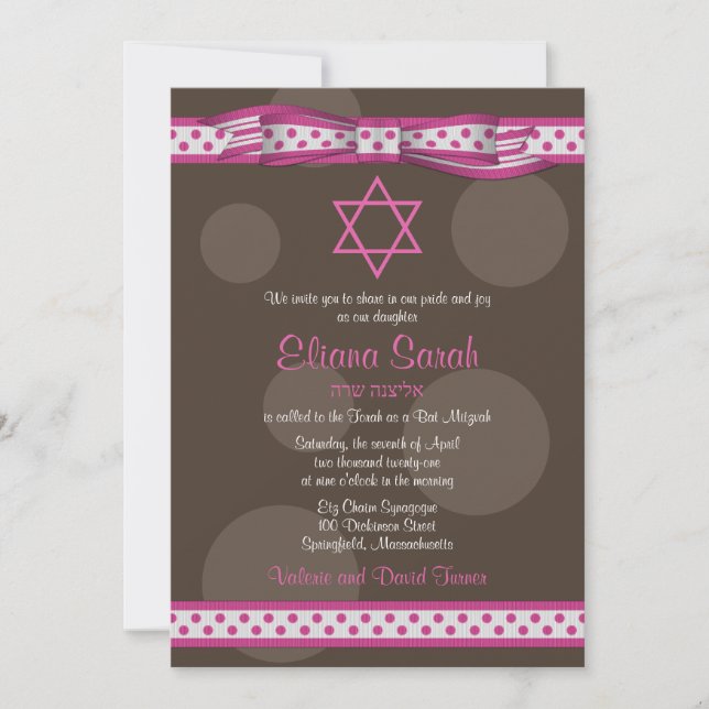 Pink Brown Polka Dots Bow Bat Mitzvah Invitación (Anverso)