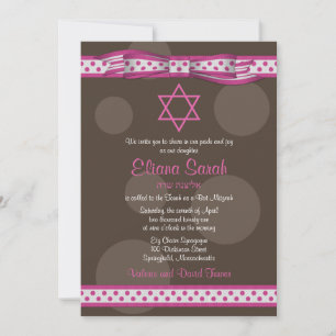 Pink Brown Polka Dots Bow Bat Mitzvah Invitación