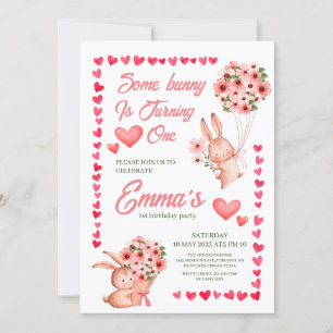 Pink Bunny floral Primera invitación de cumpleaños