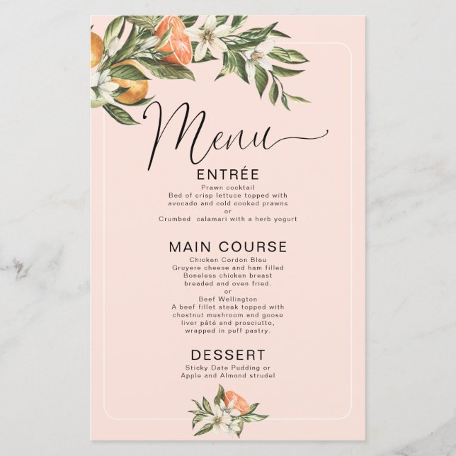 Pink Clementine Little Cutie Menú Baby Shower (Anverso)