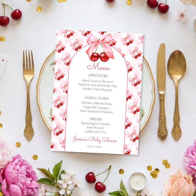 Pink Coquette Bow Cherry Baby Shower Menu (Subido por el creador)