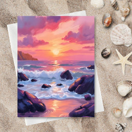 Pink Coral Sunset | Ocean Waves Watercolor Card