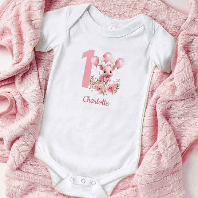 Pink Cute Piglet Chica Primer Cumpleaños Baby Body (Cute piglet Pink 1st Birthday Girl Baby Bodysuit)