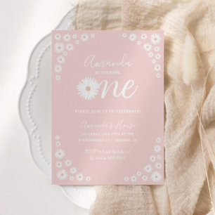 Pink Daisy Floral Boho Invitación a primer cumplea