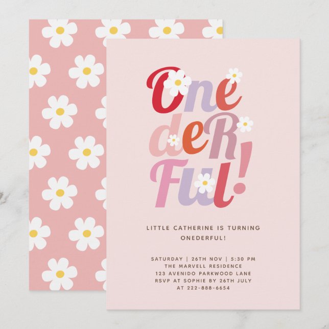 Pink Daisy ONEmaravilloso 1º cumpleaños invitación (Anverso / Reverso)
