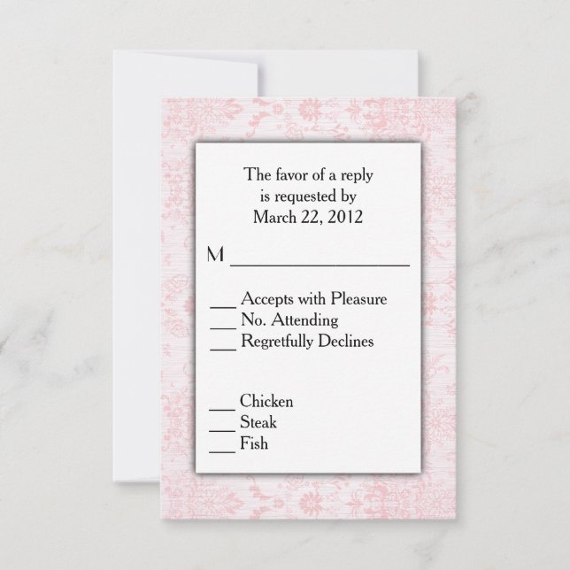 Pink Damask RSVP con opción de menú (Anverso)