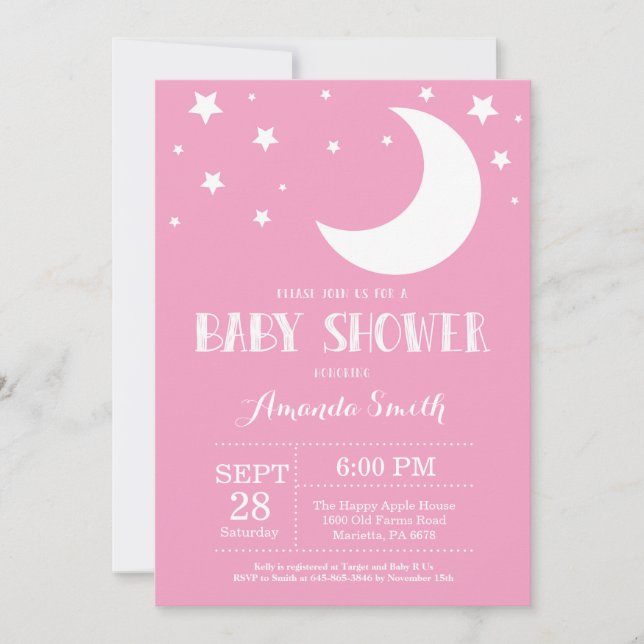 Pink de la invitación a Baby Shower por la luna (Anverso)