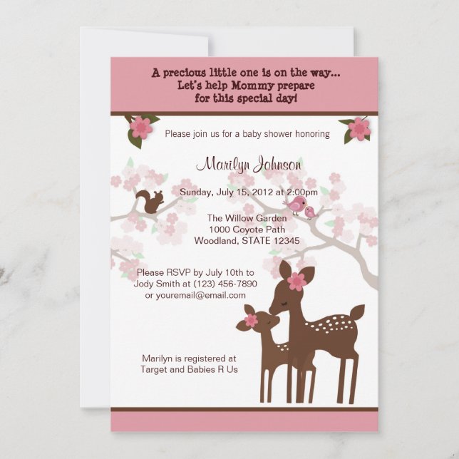 PINK del bosque Willow Deer Baby Shower Invitación (Anverso)