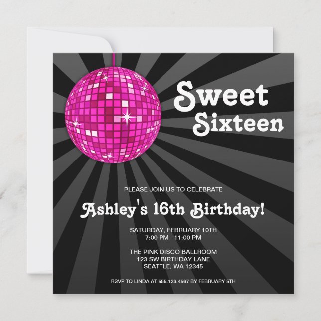 Pink Disco Ball Sweet 16 Invitaciones de cumpleaño (Anverso)