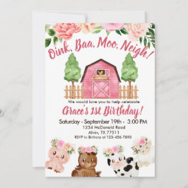 Pink Farm Floral Barnyard Invitación de primer cum