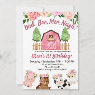 Pink Farm Floral Barnyard Invitación de primer cum