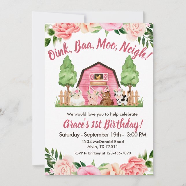 Pink Farm Floral Barnyard Invitación de primer cum (Anverso)
